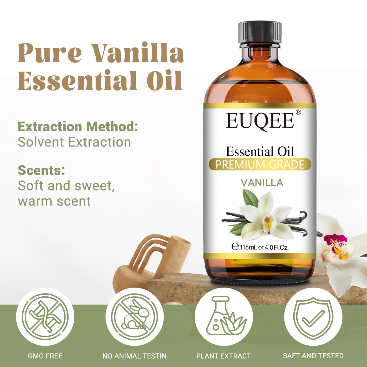EUQEE Vanilla Essential Oil 118ml (4.0 Fl Oz) – Pure Vanilla Fragrance for Diffuser, Massage, DIY Soap & Candles