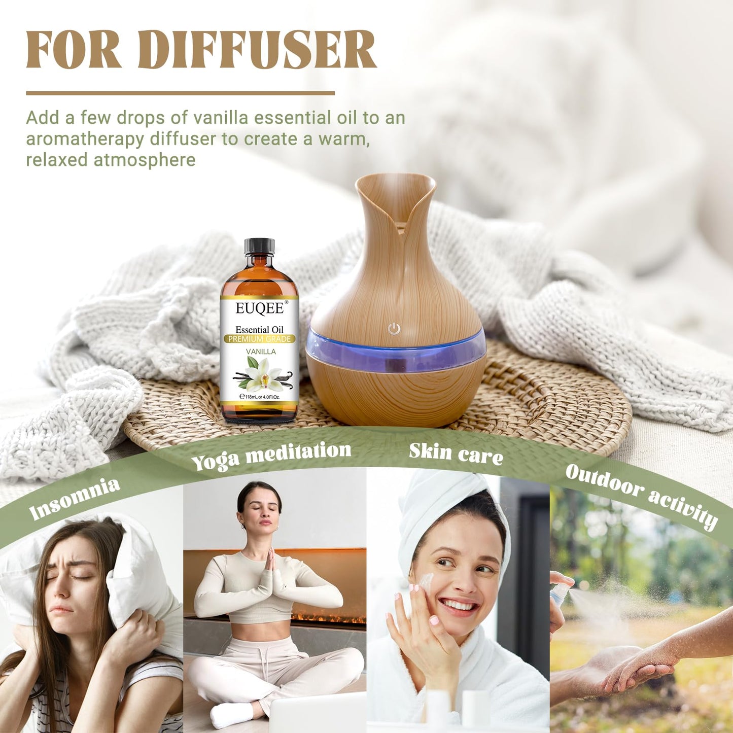 EUQEE Vanilla Essential Oil 118ml (4.0 Fl Oz) – Pure Vanilla Fragrance for Diffuser, Massage, DIY Soap & Candles