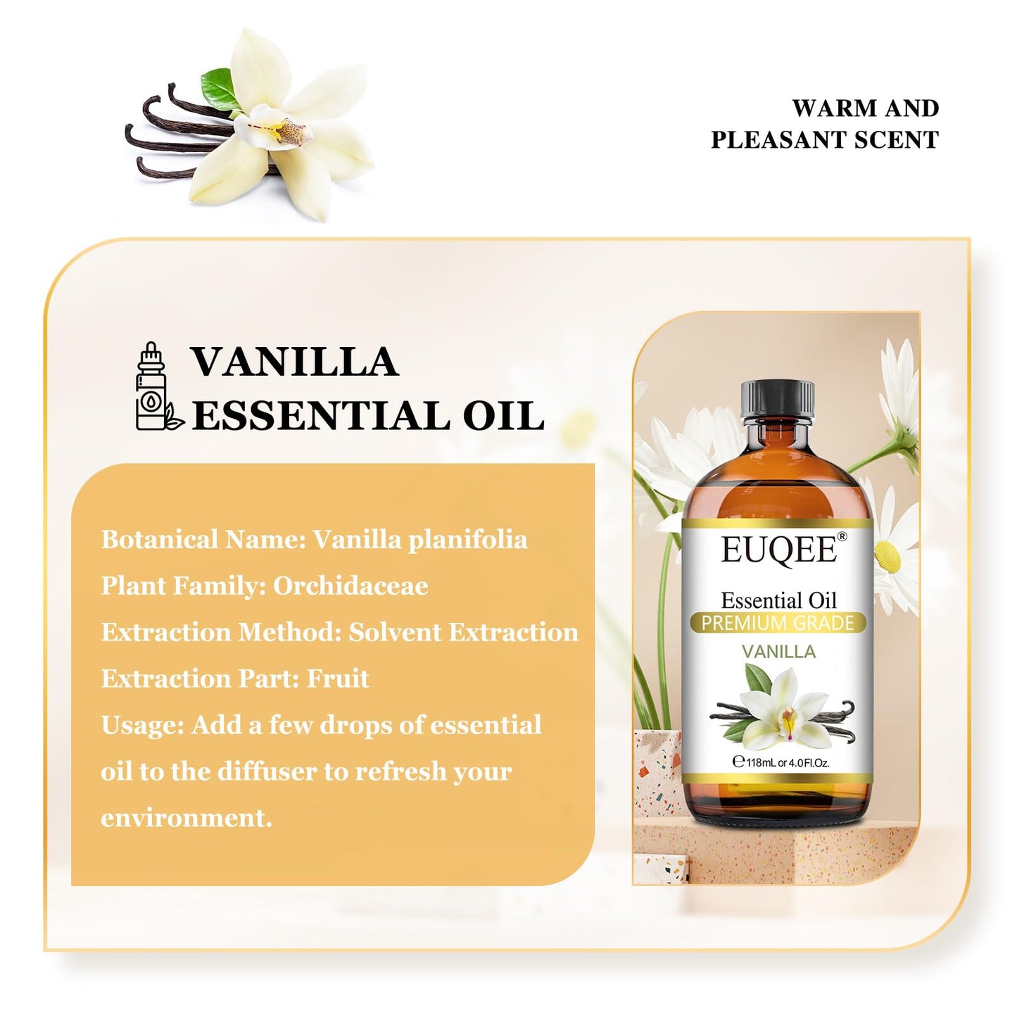 EUQEE Vanilla Essential Oil 118 ml – Premium Oil with Glass Dropper