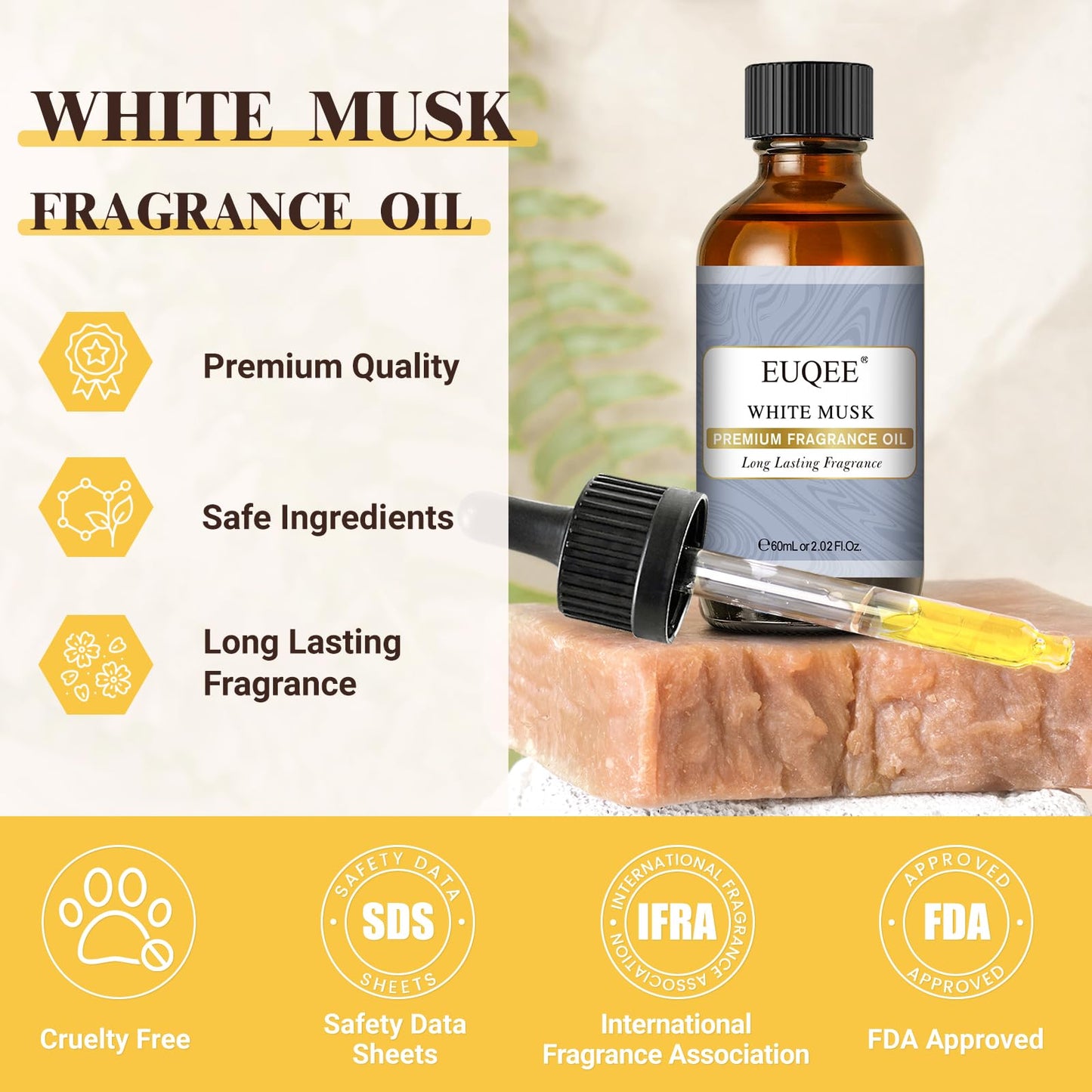 EUQEE White Musk Fragrance Oil – 60 ml (2.02 fl oz) for Diffusers, Candles, Soaps