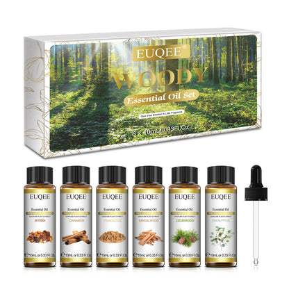 EUQEE 10ml Woody Essential Oils Set – Pure & Natural Aromatherapy (Eucalyptus, Cedarwood, Sandalwood, Frankincense, Cinnamon, Myrrh)