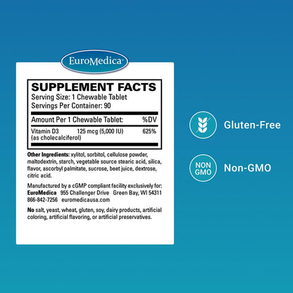EuroMedica Vitamin D3 5000 IU – Bone Health & Immune Support (Berry) 90 Chewables