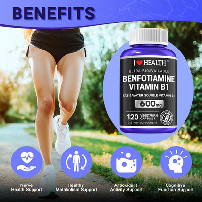 Benfotiamine 600mg + 20mg Vitamin B1 – 120 Veggie Capsules | Made in USA | 3rd-Party Tested
