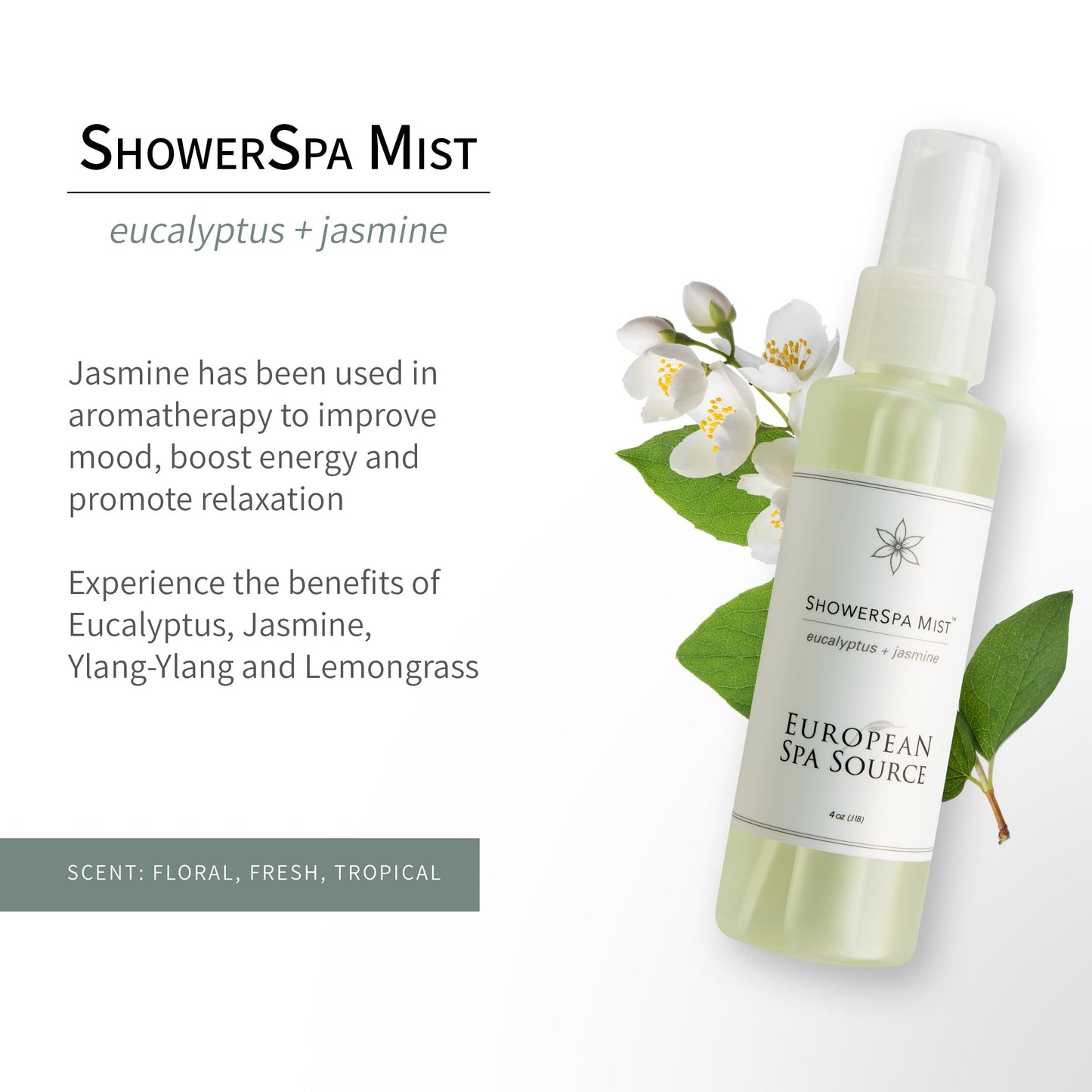 European Spa Source Jasmine + Eucalyptus Shower Spa Mist – 4 oz | Aromatherapy & Sinus Relief