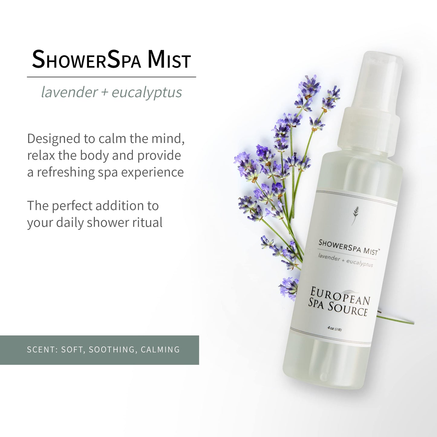 European Spa Source Lavender + Eucalyptus ShowerSpa Mist Spray for Aromatherapy, at Home Spa Experience, Sinus Congestion Relief, and Tension Relief, 4 fl oz.