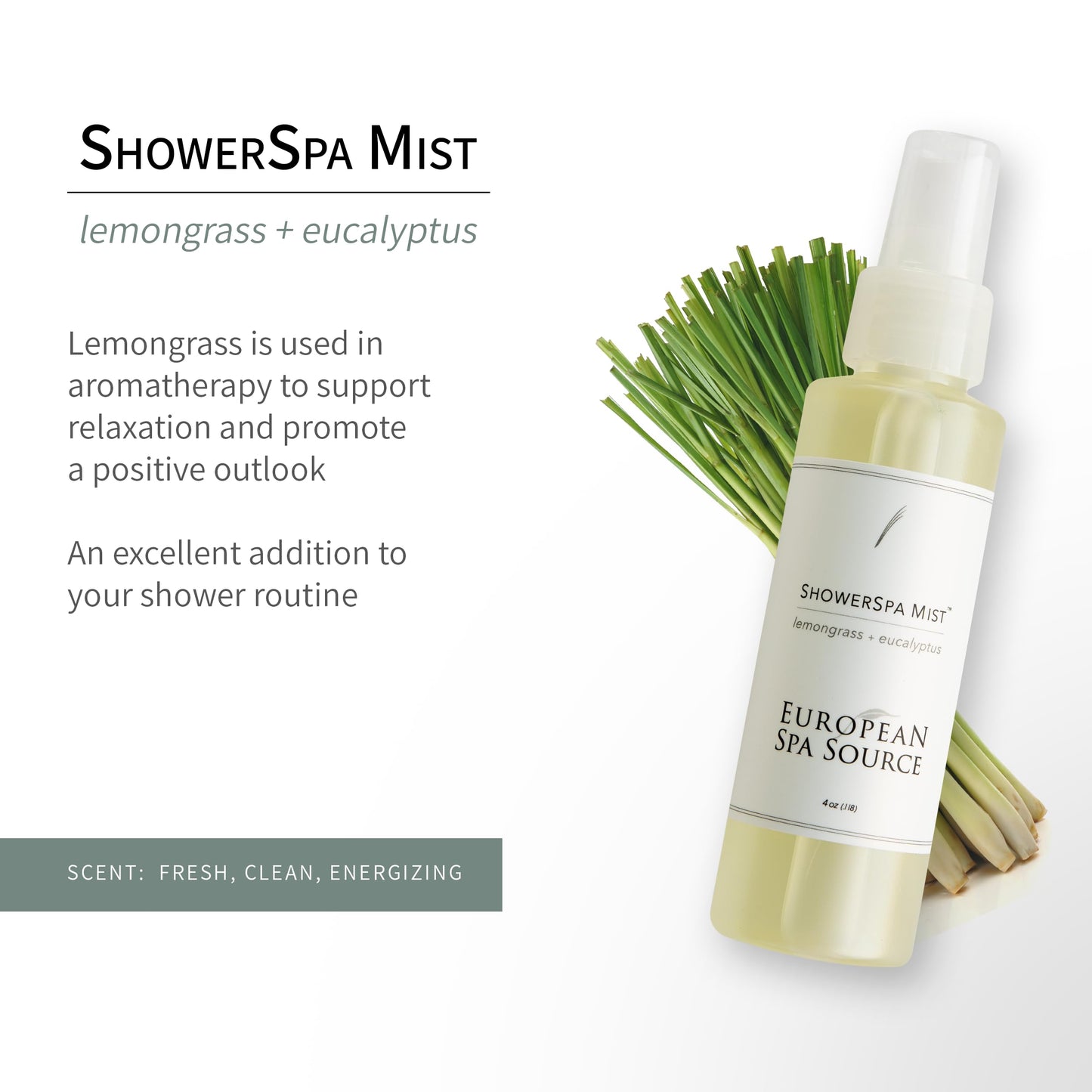 European Spa Source Energizing Lemongrass + Eucalyptus ShowerSpa Mist – Aromatherapy, 4 fl oz