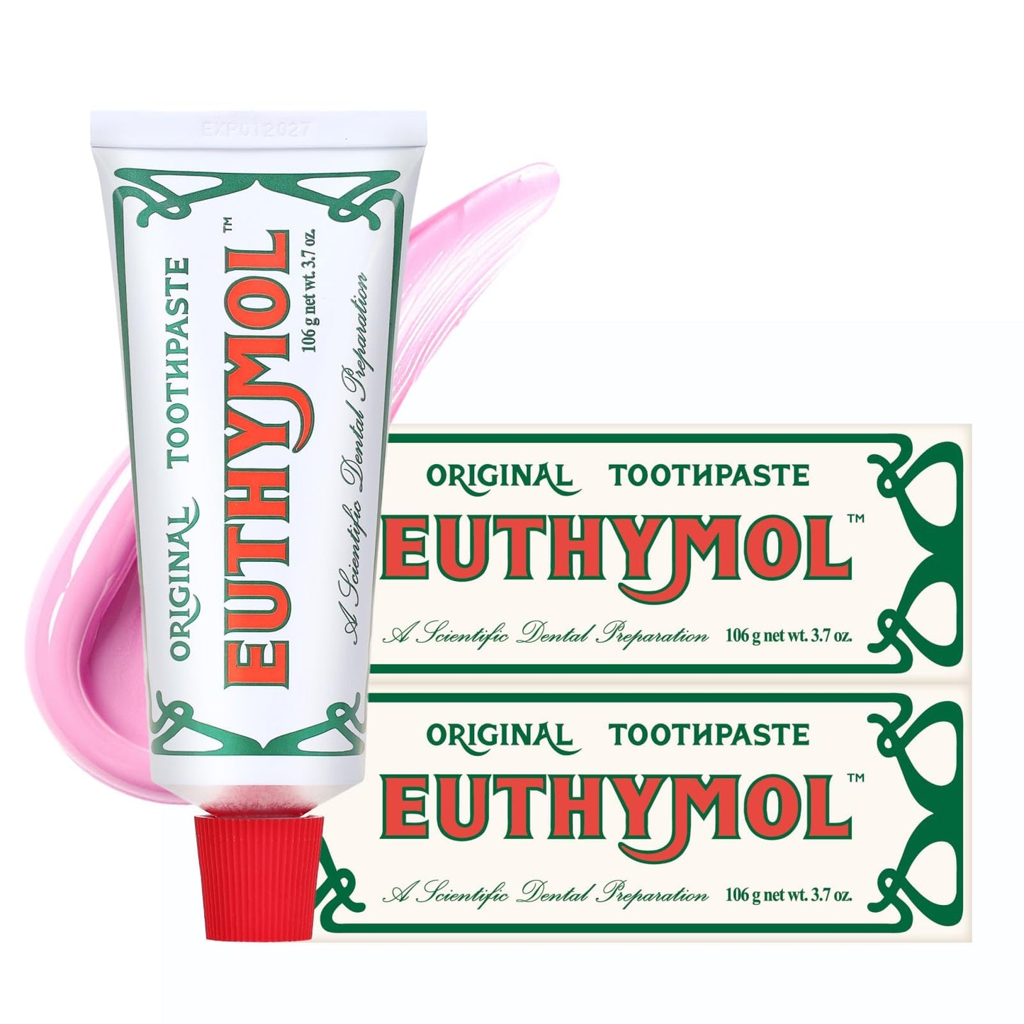EUTHYMOL Original Pink Toothpaste – Fluoride-Free, 3.7 fl oz x2 Pack (Wintergreen Freshness)