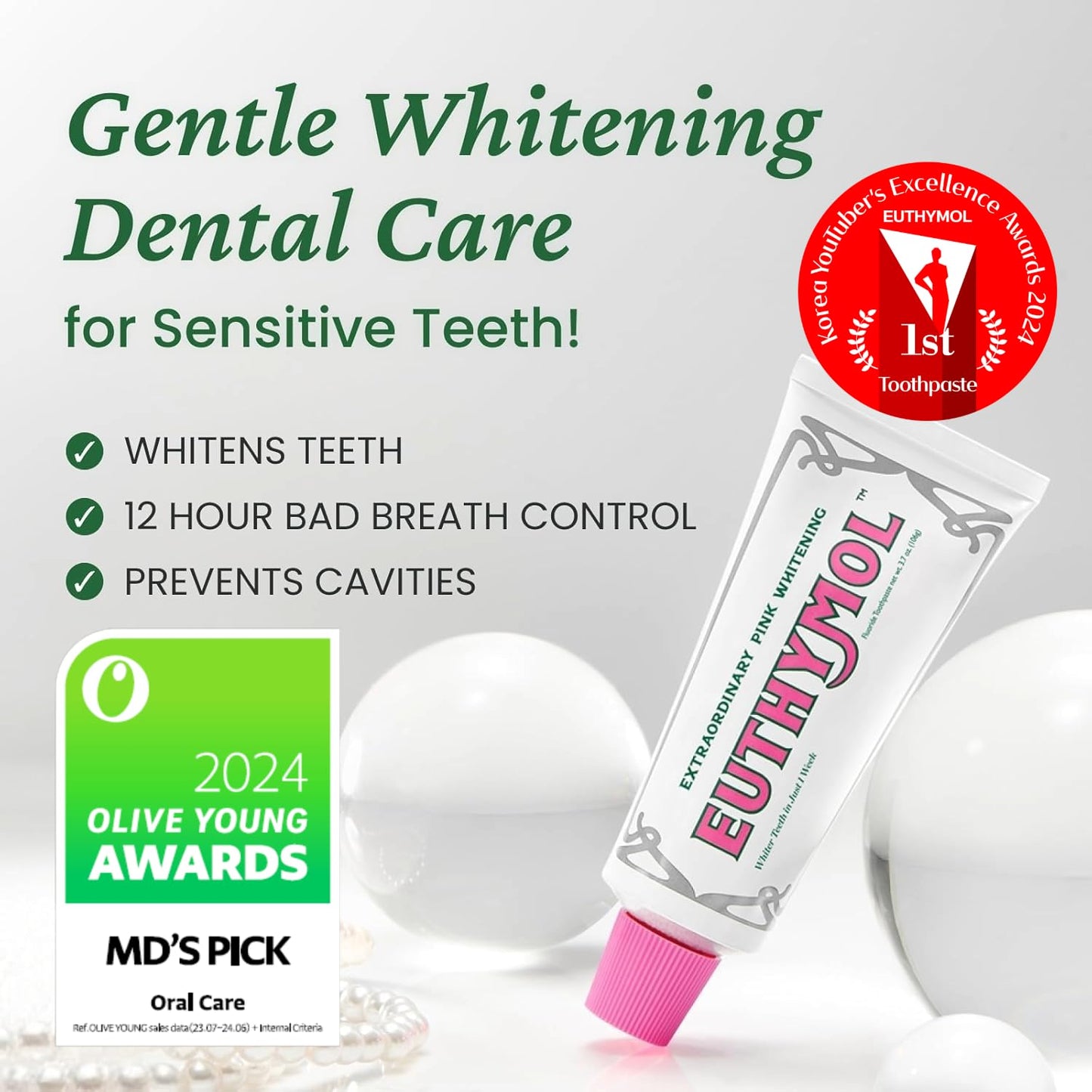 EUTHYMOL Whitening Toothpaste Pack of 2 - 3.7oz Each, Stain Removal in 2 Weeks, Fresh Breath & Cavity Protection