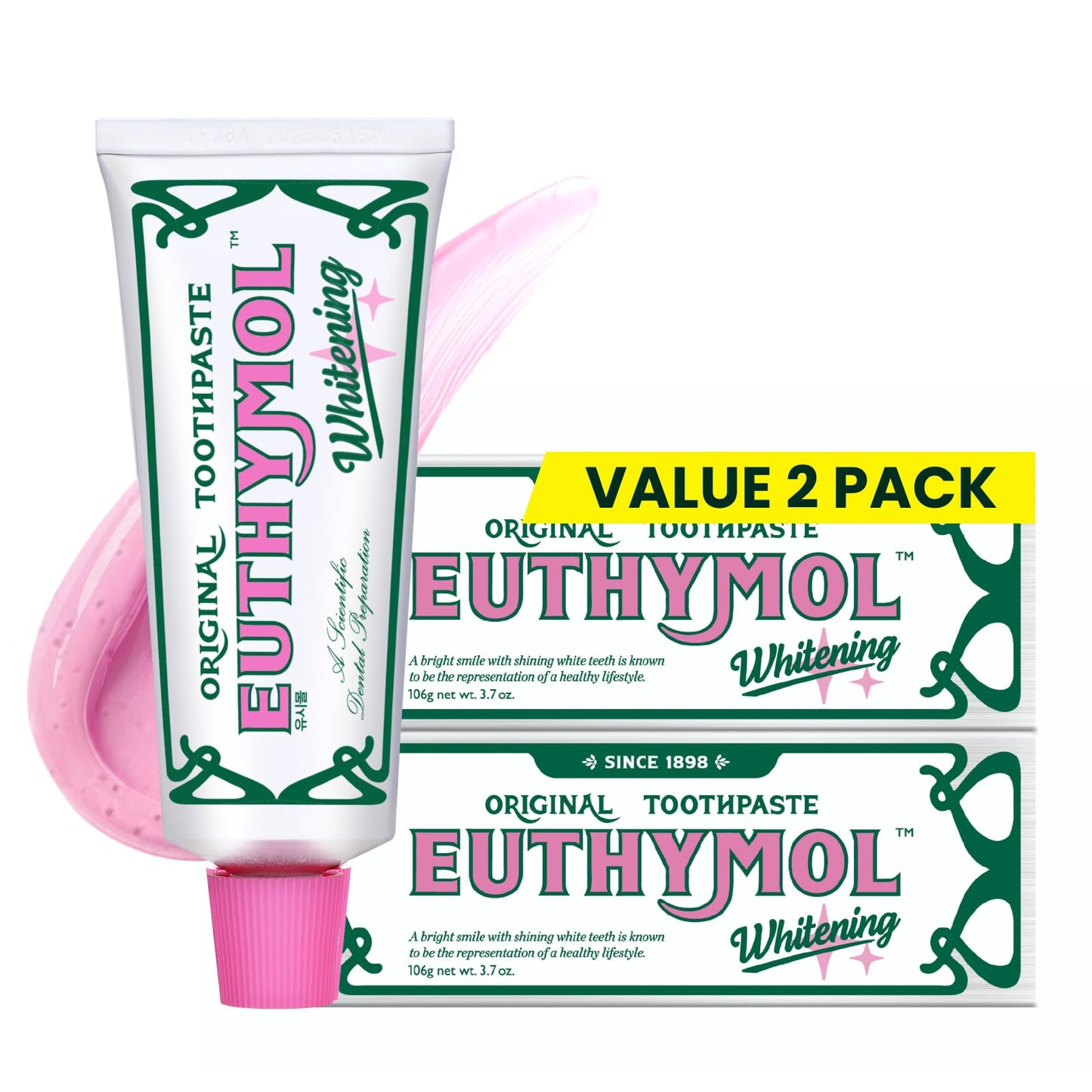 EUTHYMOL Whitening Toothpaste Pack of 2 - 3.7oz Each, Stain Removal in 2 Weeks, Fresh Breath & Cavity Protection