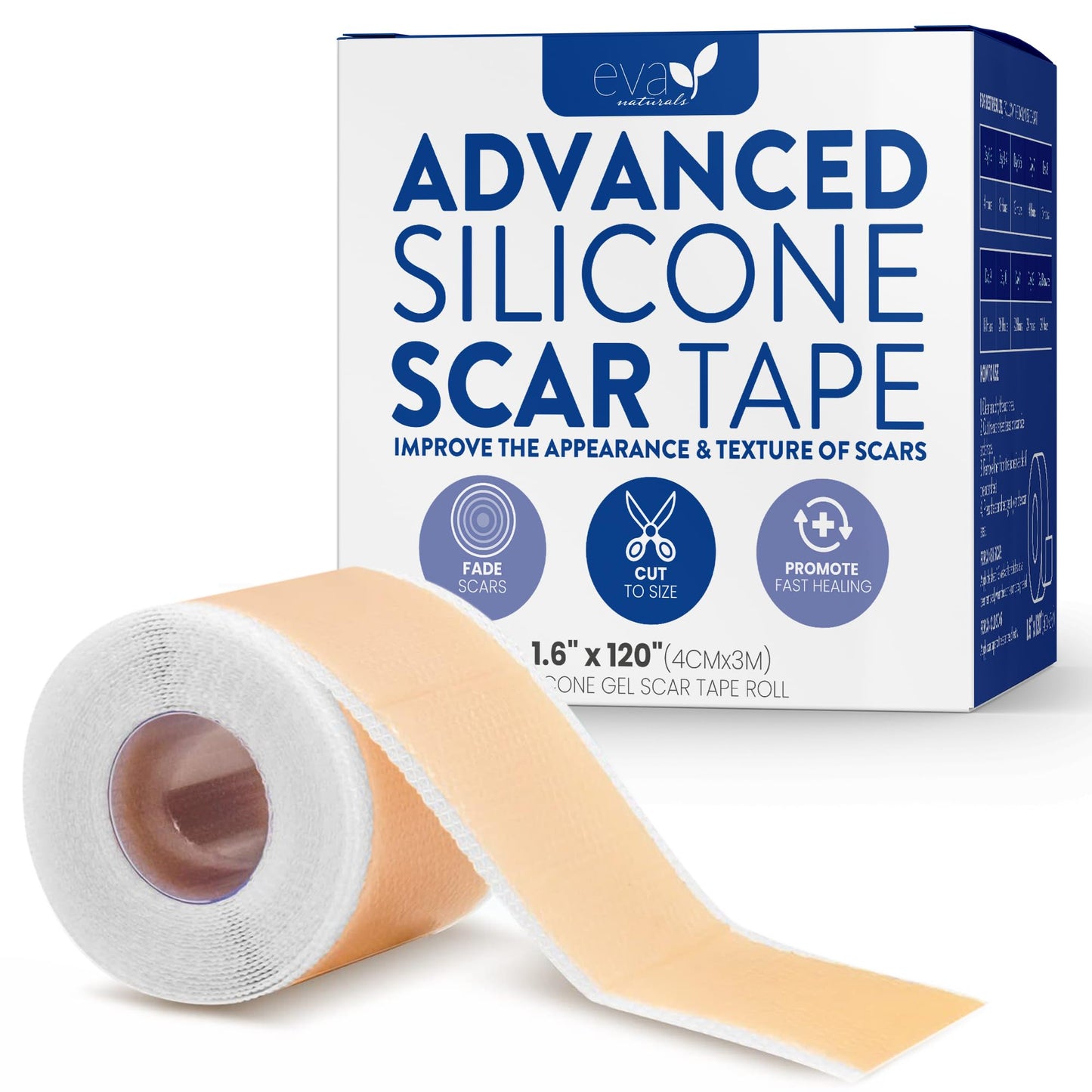 Eva Naturals Medical Grade Silicone Scar Tape 1.6in x 120in – Reusable Sheets for Surgical, C-Section, Keloid & Burn Scars