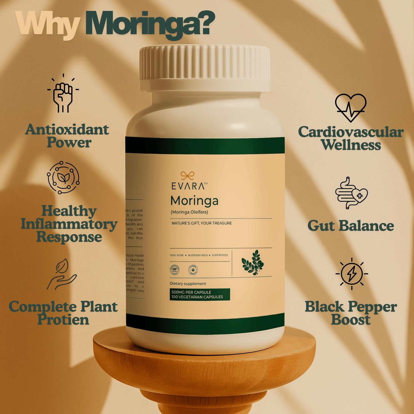 EVARA Moringa Capsules 500mg – Organic Green Superfood (100 Count)