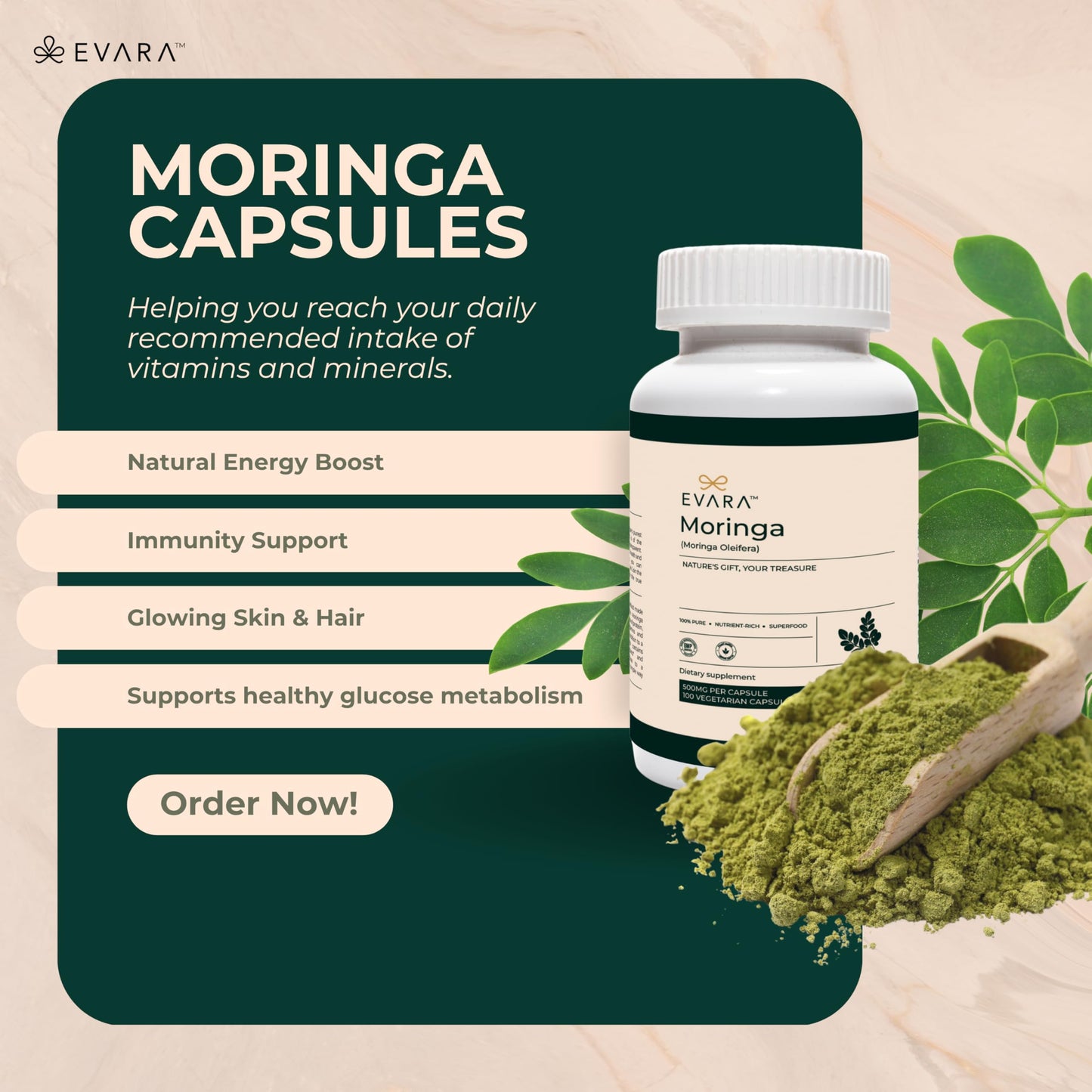 EVARA Moringa Capsules 500mg – Organic Green Superfood (100 Count)