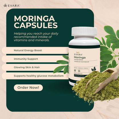 EVARA Moringa Capsules 500mg – Organic Green Superfood (100 Count)