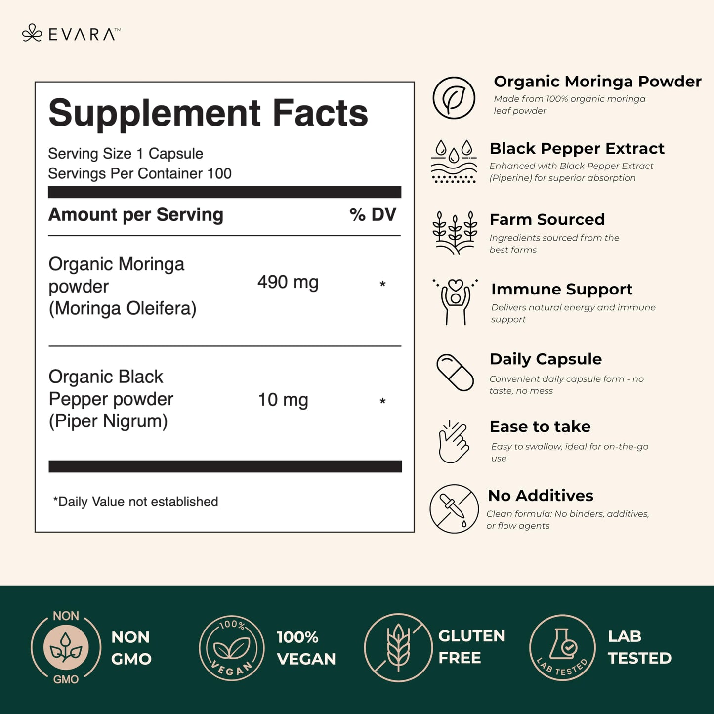 EVARA Moringa Capsules 500mg – Organic Green Superfood (100 Count)