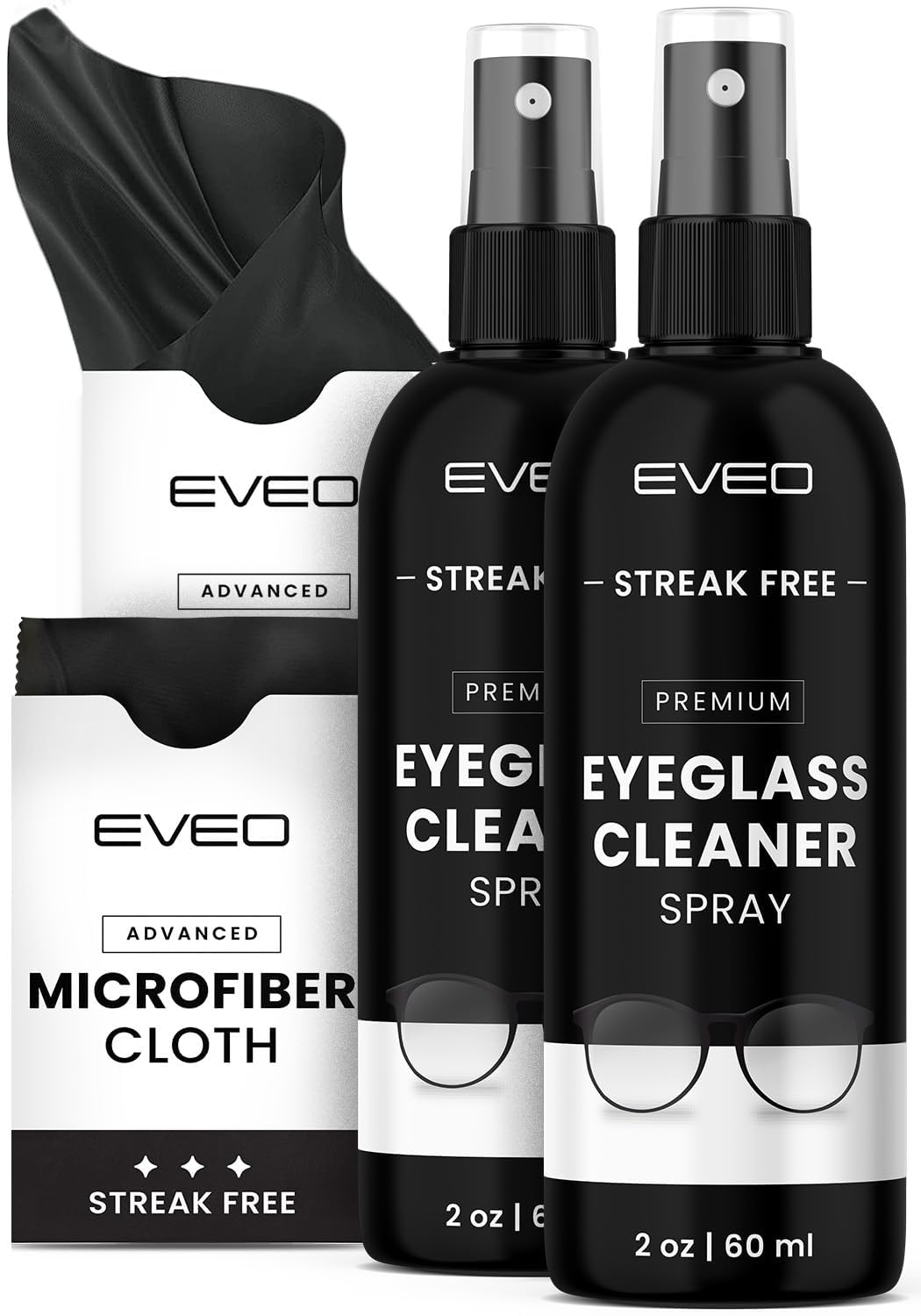 EVEO Eyeglass Cleaner Spray Kit – No-Streak Glasses Cleaner + Microfiber Cloth (2 Pack)