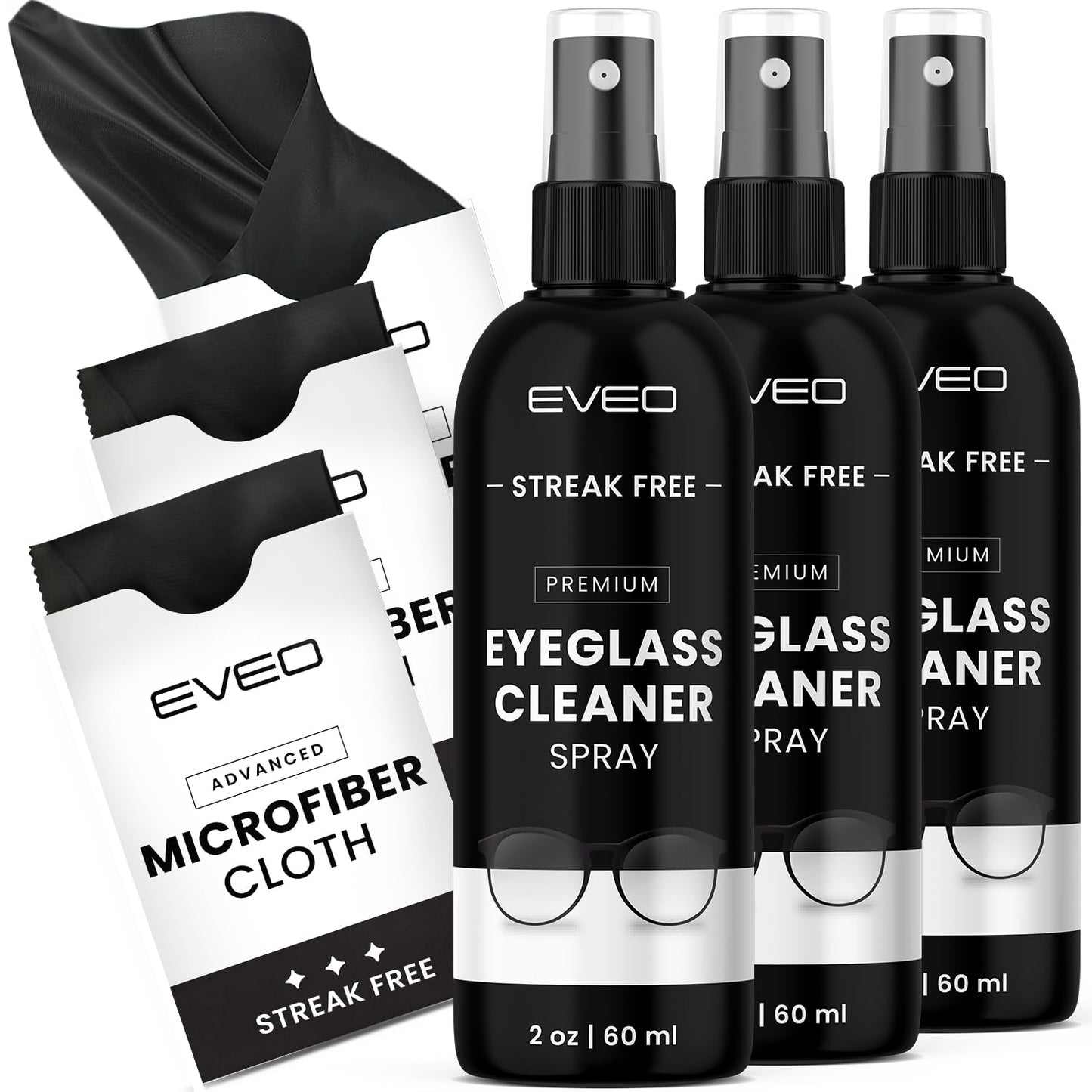EVEO Eyeglass Cleaner Spray - No Streaks Technology, 3-Pack with Microfiber Cloth