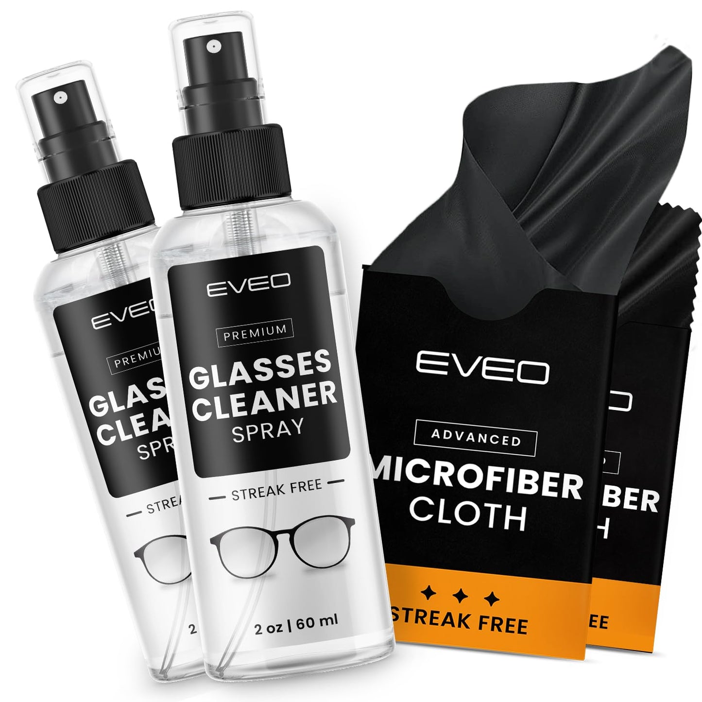 EVEO Glasses Cleaner Spray - No-Streak Eyeglass Cleaner Kit (4oz) with Microfiber Cloth
