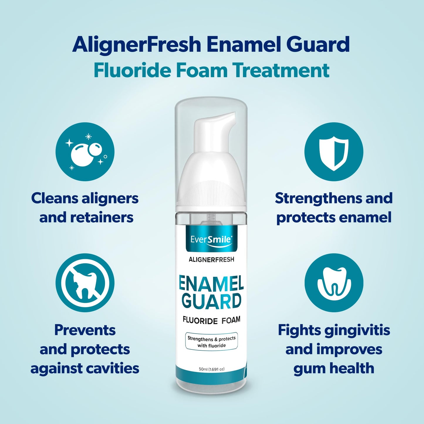 EverSmile AlignerFresh Enamel Guard Fluoride Foam – Aligner & Retainer Cleaner/Whitener with Enamel Protection – Strengthens, Protects & Whitens Teeth, Eliminates Bacteria – Fresh Mint, 1 Pack (50ml)