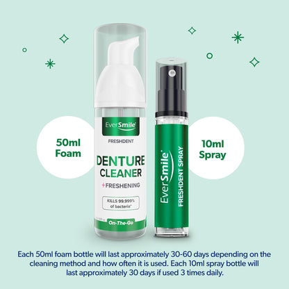 EverSmile FreshDent Denture and Partial Denture Cleaner + Teeth Whitening Spray & Foam - Travel Size 50ml + 10ml (4pk)