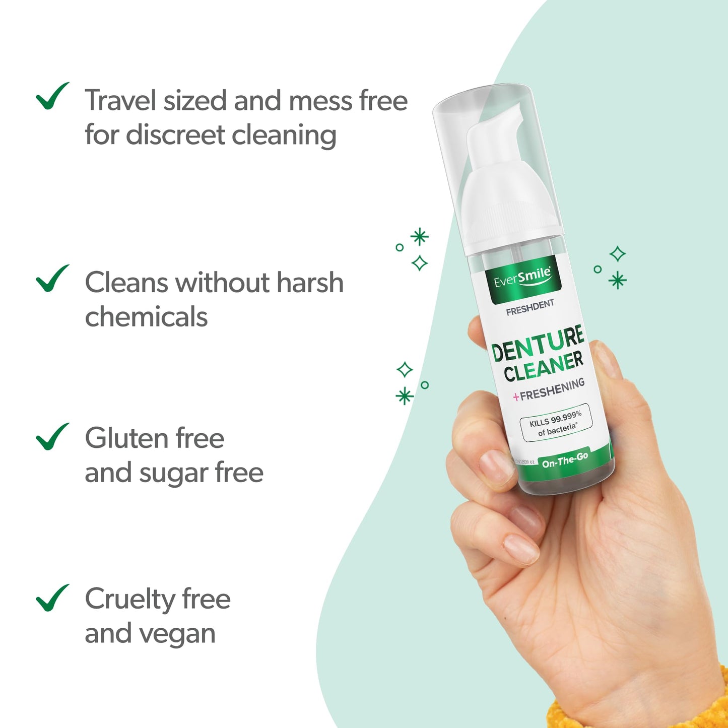 EverSmile FreshDent Denture and Partial Denture Cleaner + Teeth Whitening Spray & Foam - Travel Size 50ml + 10ml (4pk)