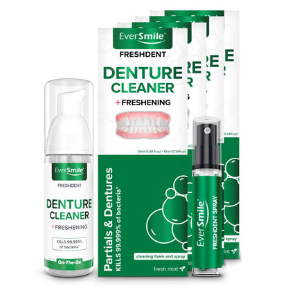 EverSmile FreshDent Denture and Partial Denture Cleaner + Teeth Whitening Spray & Foam - Travel Size 50ml + 10ml (4pk)