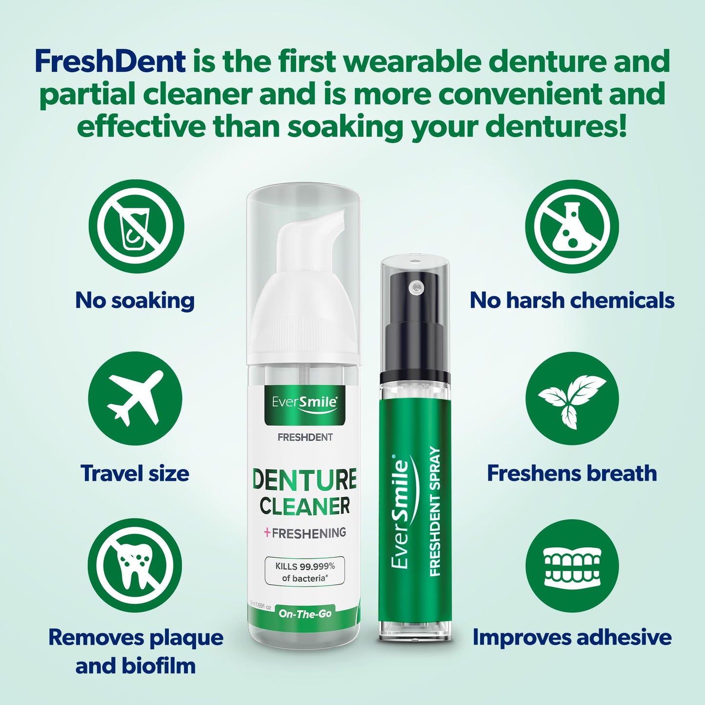 EverSmile FreshDent Denture and Partial Denture Cleaner + Teeth Whitening Spray & Foam - Travel Size 50ml + 10ml (4pk)