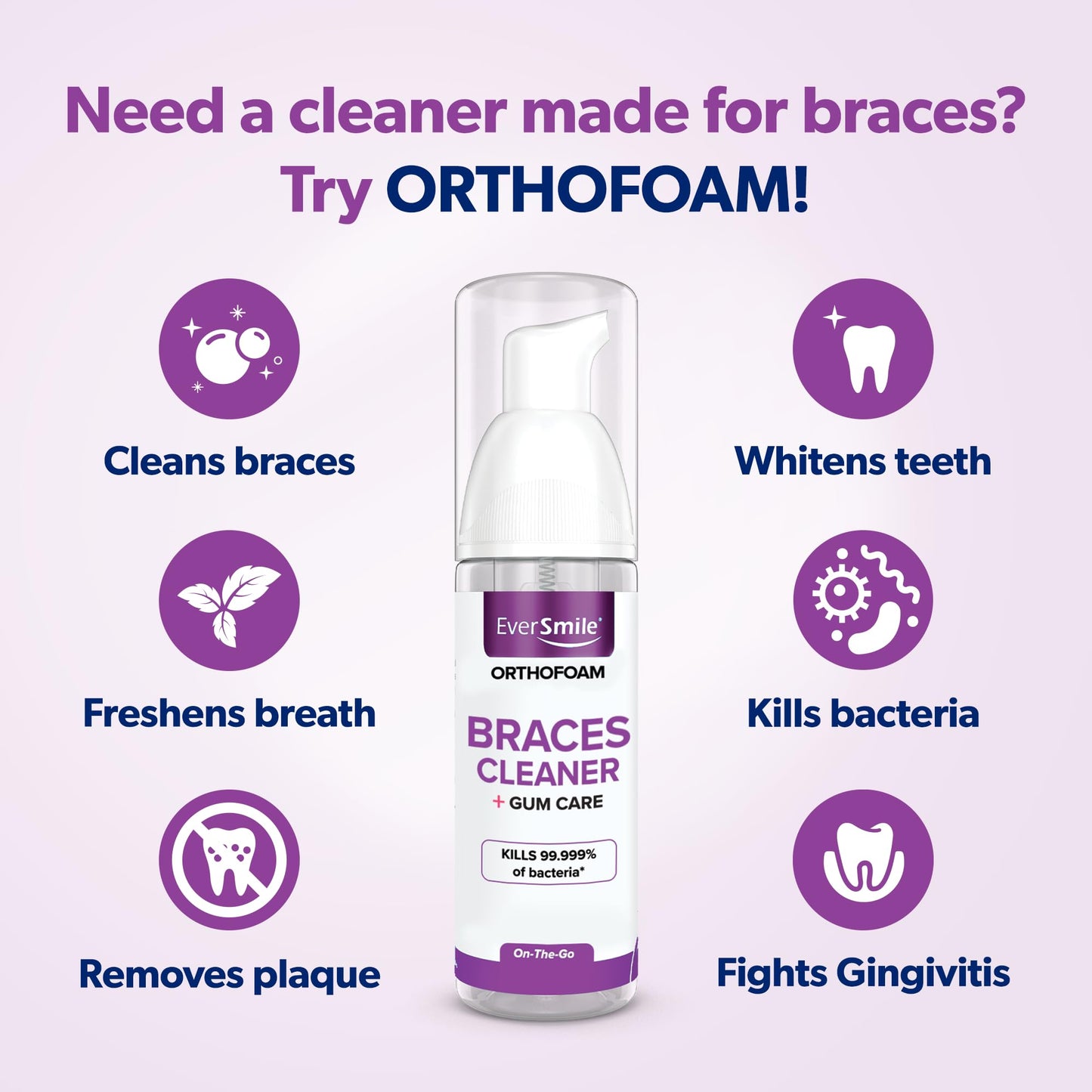 EverSmile OrthoFoam Braces Cleaner – Brushable Foam (50ml, 4 Pack)