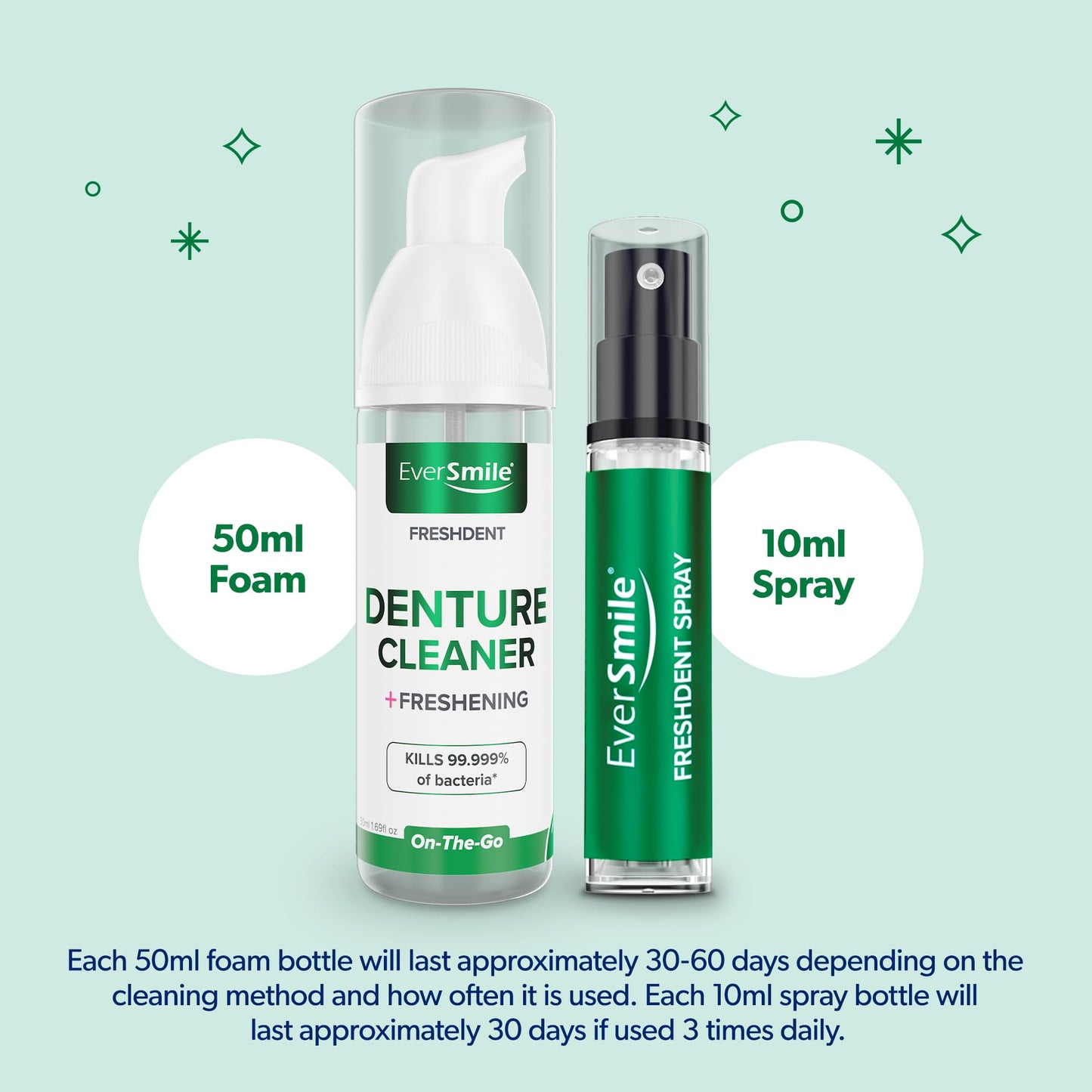 EverSmile FreshDent Denture Cleaner + Teeth Whitening Spray & Foam – 2pc Travel Size (50ml + 10ml)