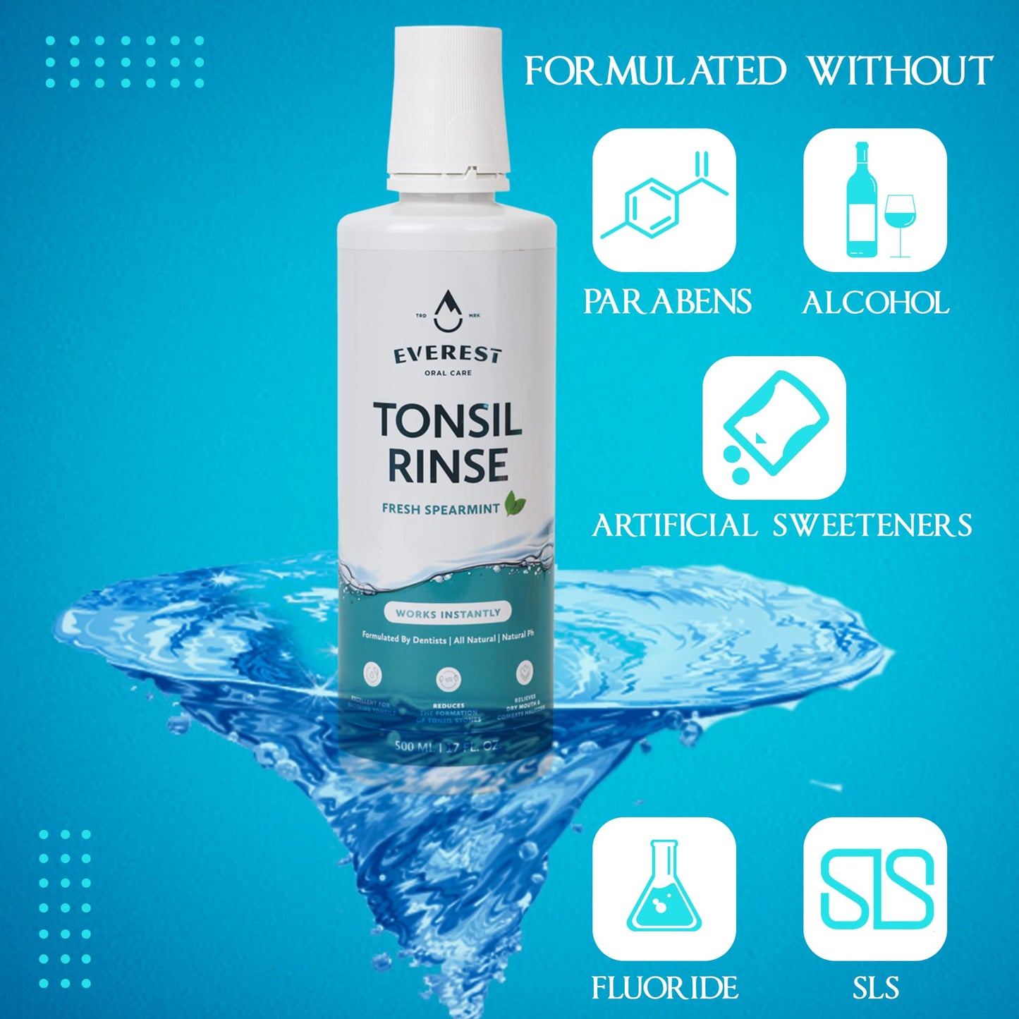 Everest Mouth Wash & Tonsil Stone Remover – Alcohol-Free Spearmint, 17 oz (3 Pack)