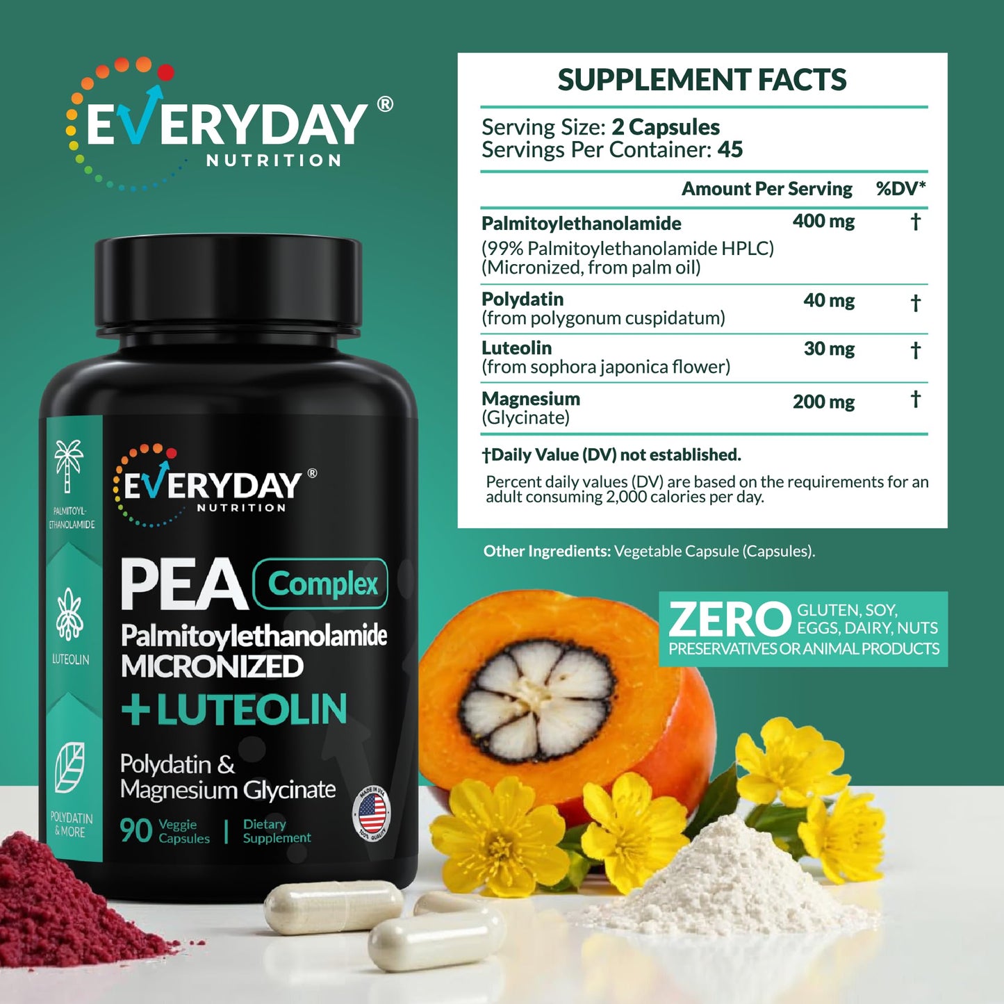 EVERYDAY NUTRITION PEA 400 mg + Luteolin & Magnesium Glycinate | 90 Capsules | Pain Relief & Inflammation Support