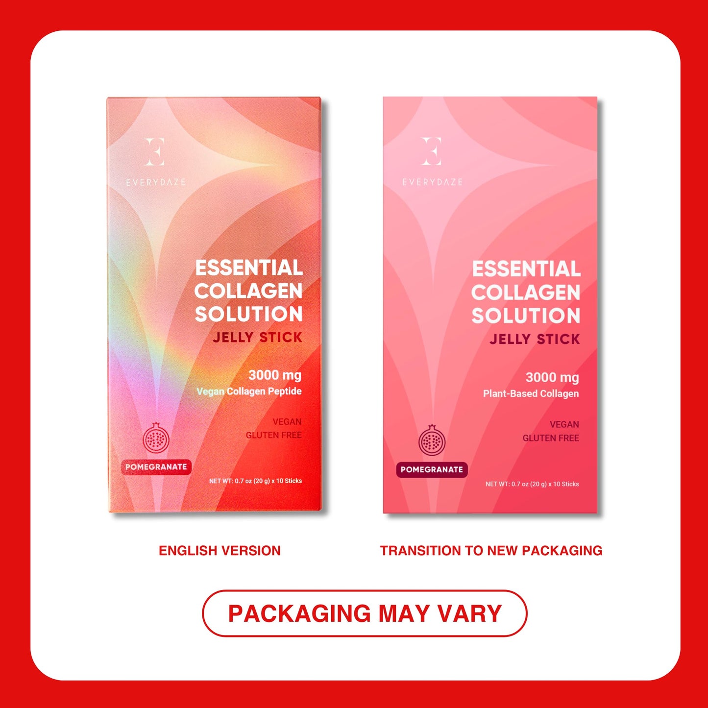 EVERYDAZE Essential Collagen Jelly Stick - Vegan Collagen Peptide, Pomegranate | 10 Packs