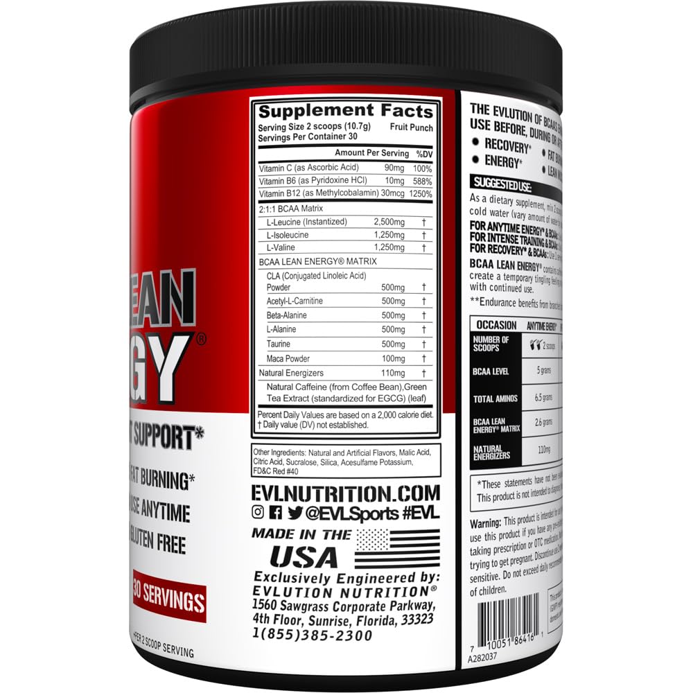 EVL BCAA Lean Energy Powder - Pre Workout & Fat Burner (Fruit Punch)