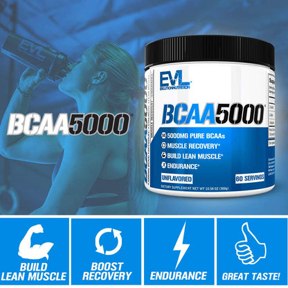 EVL BCAA5000 Amino Acids Powder – Stim-Free Pre & Post Workout Recovery (Unflavored, 5g)