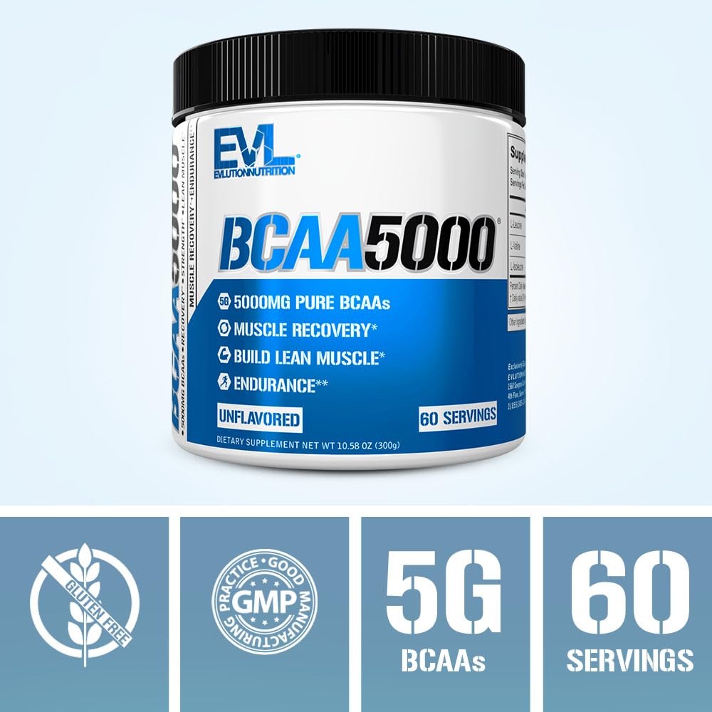 EVL BCAA5000 Amino Acids Powder – Stim-Free Pre & Post Workout Recovery (Unflavored, 5g)
