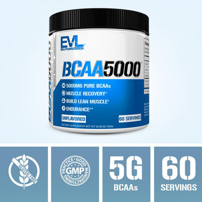EVL BCAA5000 Amino Acids Powder – Stim-Free Pre & Post Workout Recovery (Unflavored, 5g)