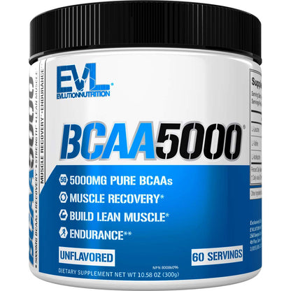 EVL BCAA5000 Amino Acids Powder – Stim-Free Pre & Post Workout Recovery (Unflavored, 5g)
