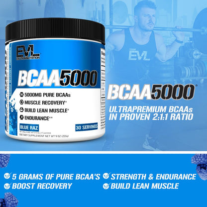 EVL BCAAs – 5g BCAA 2:1:1, Post-Workout Recovery, Stim-Free Pre-Workout (Blue Raz)