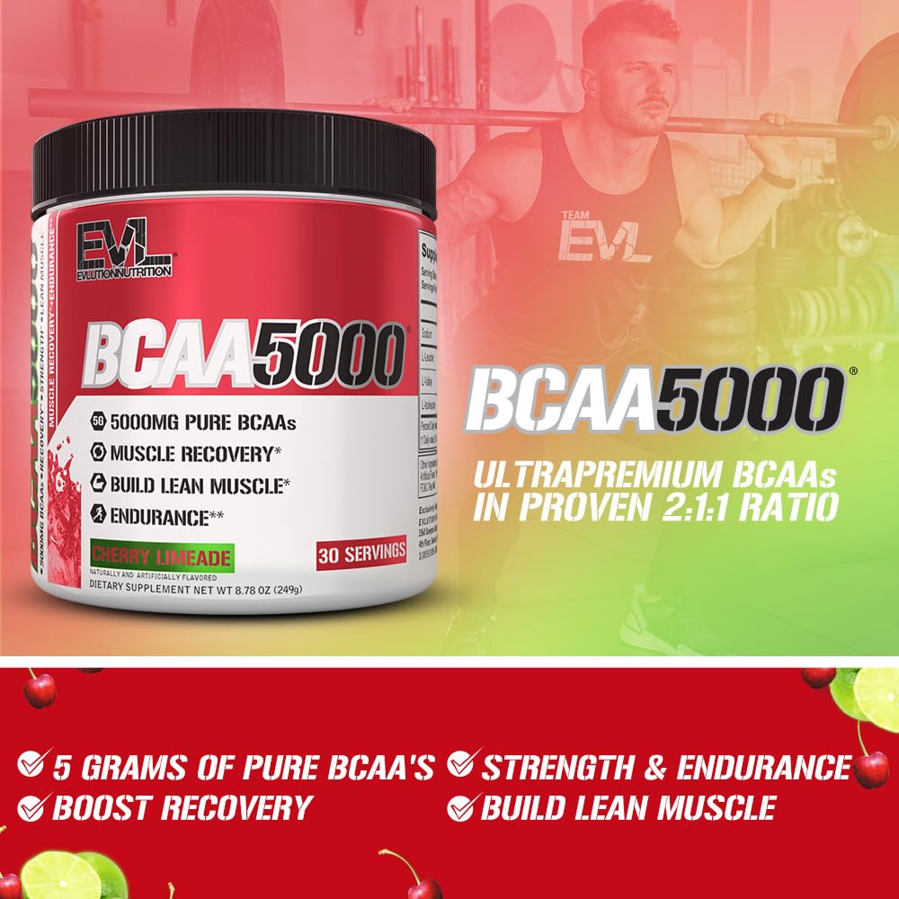 EVL BCAAs Amino Acids Powder – 5g BCAA 2:1:1 for Post-Workout Recovery & Stim-Free Pre-Workout – Cherry Limeade