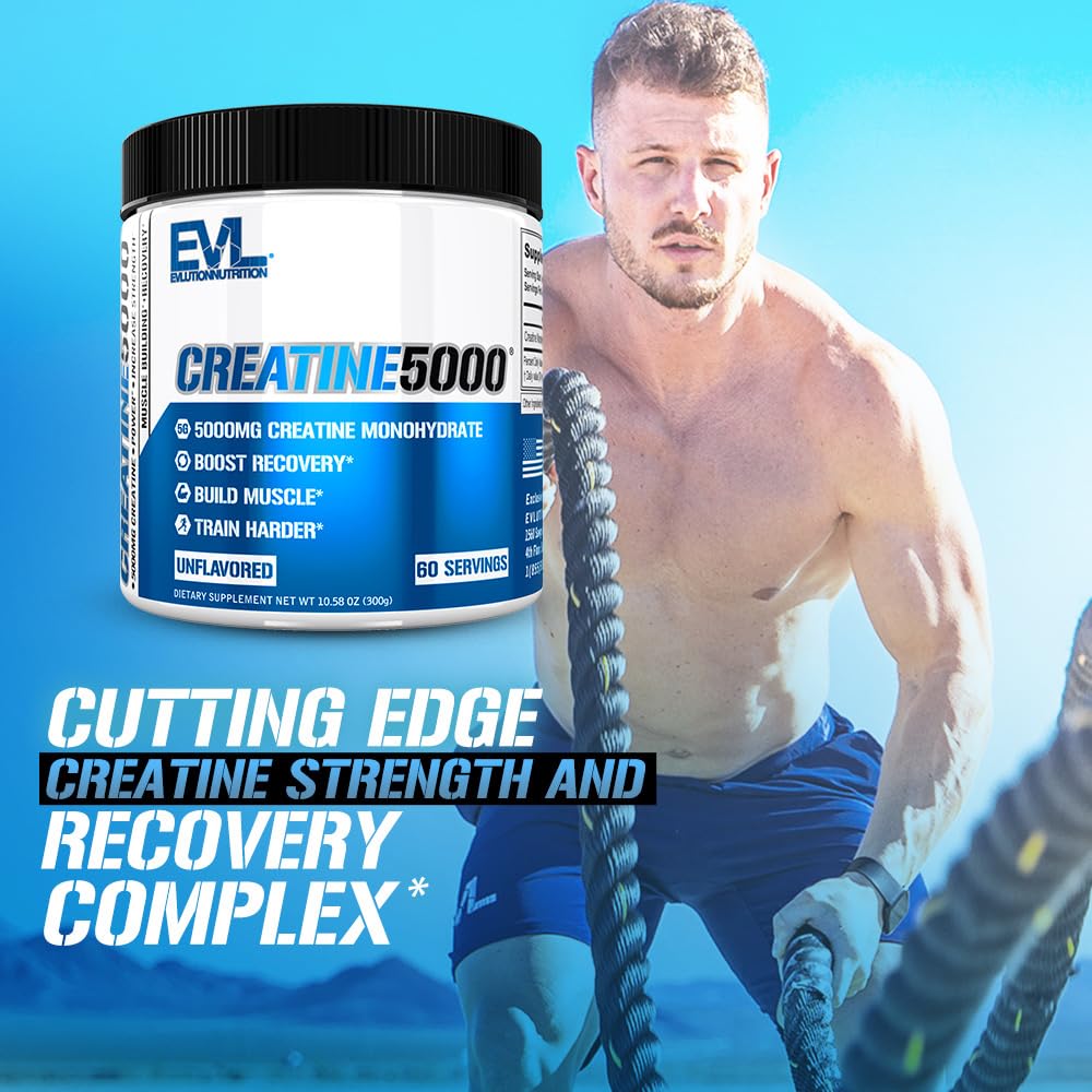 EVL Creatine5000 – 5g Creatine Monohydrate, 60 Servings, Unflavored