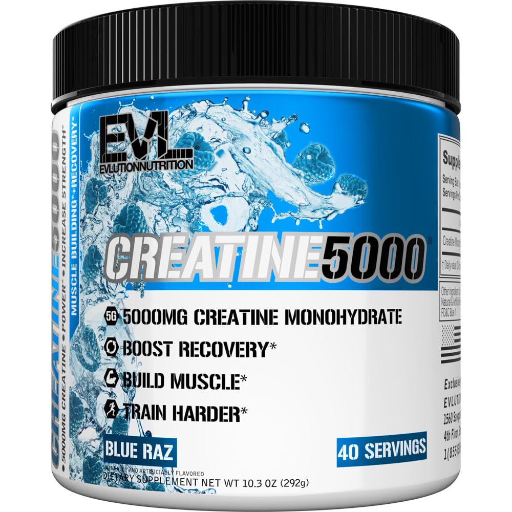 Evlution Nutrition Creatine 5000 - 5g Creatine Monohydrate Per Serving, Blue Raz | 40 Servings