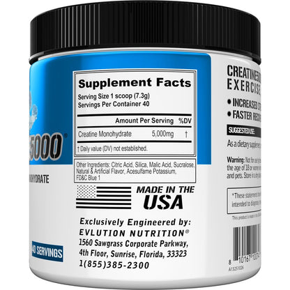 Evlution Nutrition Creatine 5000 - 5g Creatine Monohydrate Per Serving, Blue Raz | 40 Servings