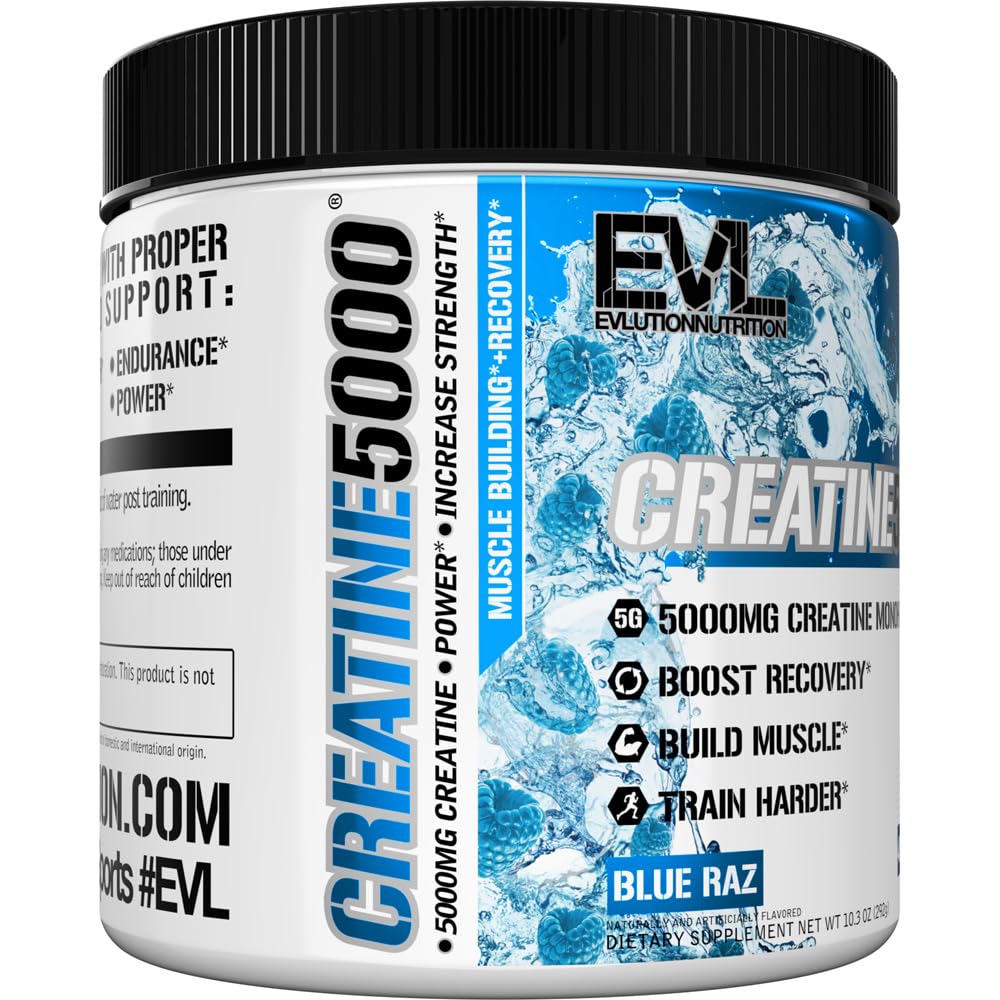 Evlution Nutrition Creatine 5000 - 5g Creatine Monohydrate Per Serving, Blue Raz | 40 Servings