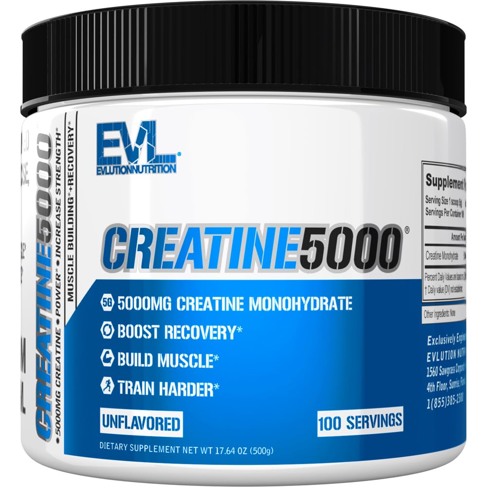 EVL Creatine5000 - 5g Creatine Monohydrate, Unflavored, 100 Servings