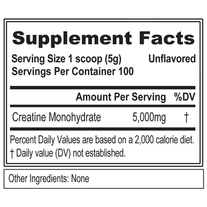 EVL Creatine5000 - 5g Creatine Monohydrate, Unflavored, 100 Servings