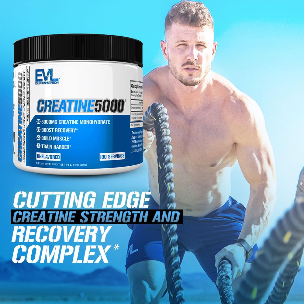EVL Creatine5000 - 5g Creatine Monohydrate, Unflavored, 100 Servings