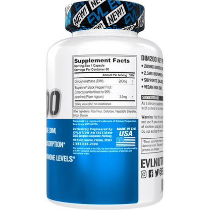 EVL Diindolylmethane Supplement for Men - Advanced DIM 200mg with Dim Plus Bioperine for Enhanced Absorption - Vegan Non-GMO Hormone Balance Supplement for Enhanced Energy Mood and Performance