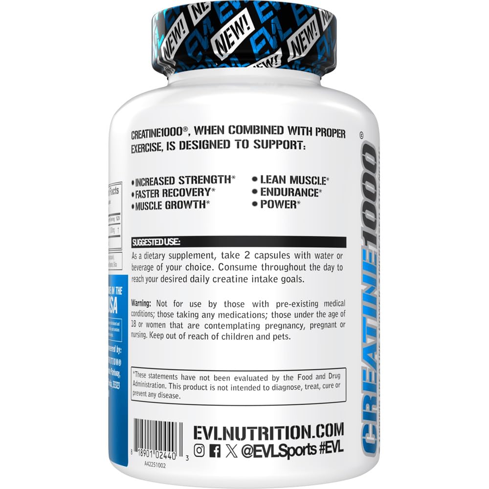 EVL Pure Creatine Monohydrate 1000mg Capsules – Vegan Pre & Post Workout Recovery for Men