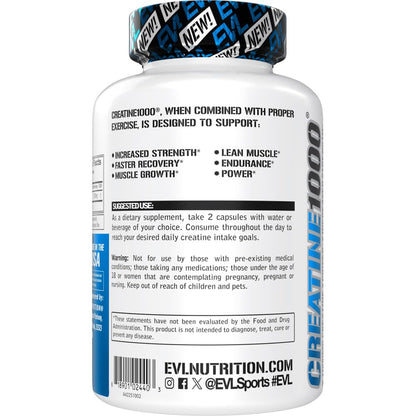 EVL Pure Creatine Monohydrate 1000mg Capsules – Vegan Pre & Post Workout Recovery for Men