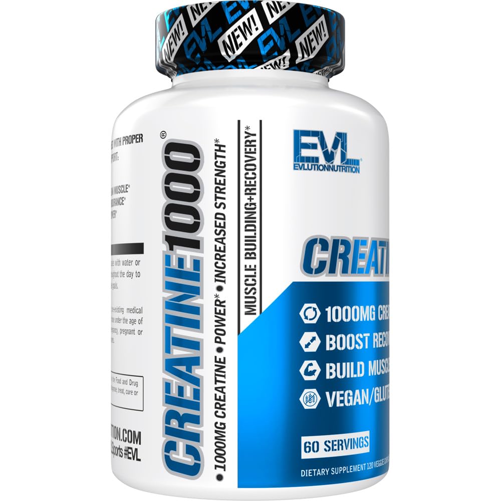 EVL Pure Creatine Monohydrate 1000mg Capsules – Vegan Pre & Post Workout Recovery for Men