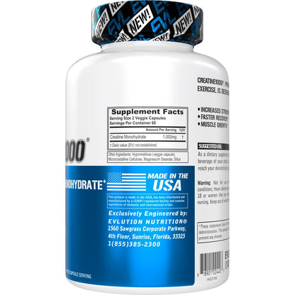 EVL Pure Creatine Monohydrate 1000mg Capsules – Vegan Pre & Post Workout Recovery for Men